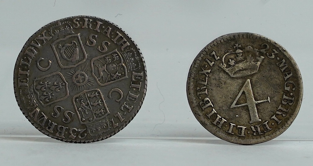 British silver coins, George I, four shilling coins, 1720, good fine, 1721/0, good fine, two 1723, SSC in angles, both fine/good fine, a sixpence 1723, SSC in angles, about VF, and a fourpence 1723, creased otherwise goo